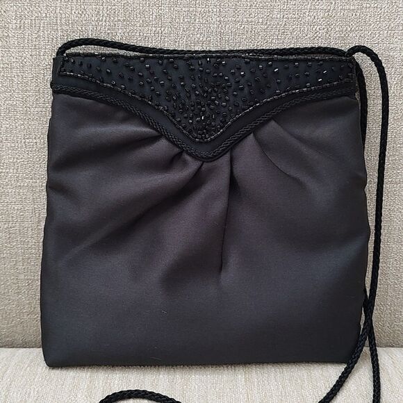Black Satin Pleated Evening Shoulder Bag with Bead Detail - Picture 10 of 10